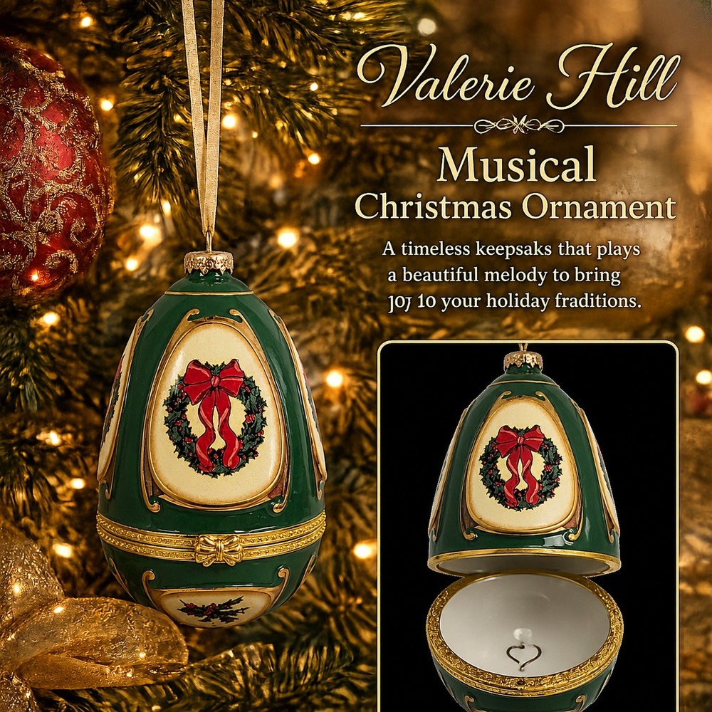 Valerie Hill Musical Christmas Ornament Green Egg Wreath Hinged Keepsake Box